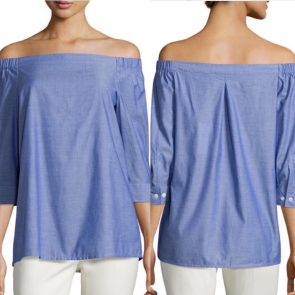 Theory Joscla Off Shoulder Top in Chambaray Sz P
